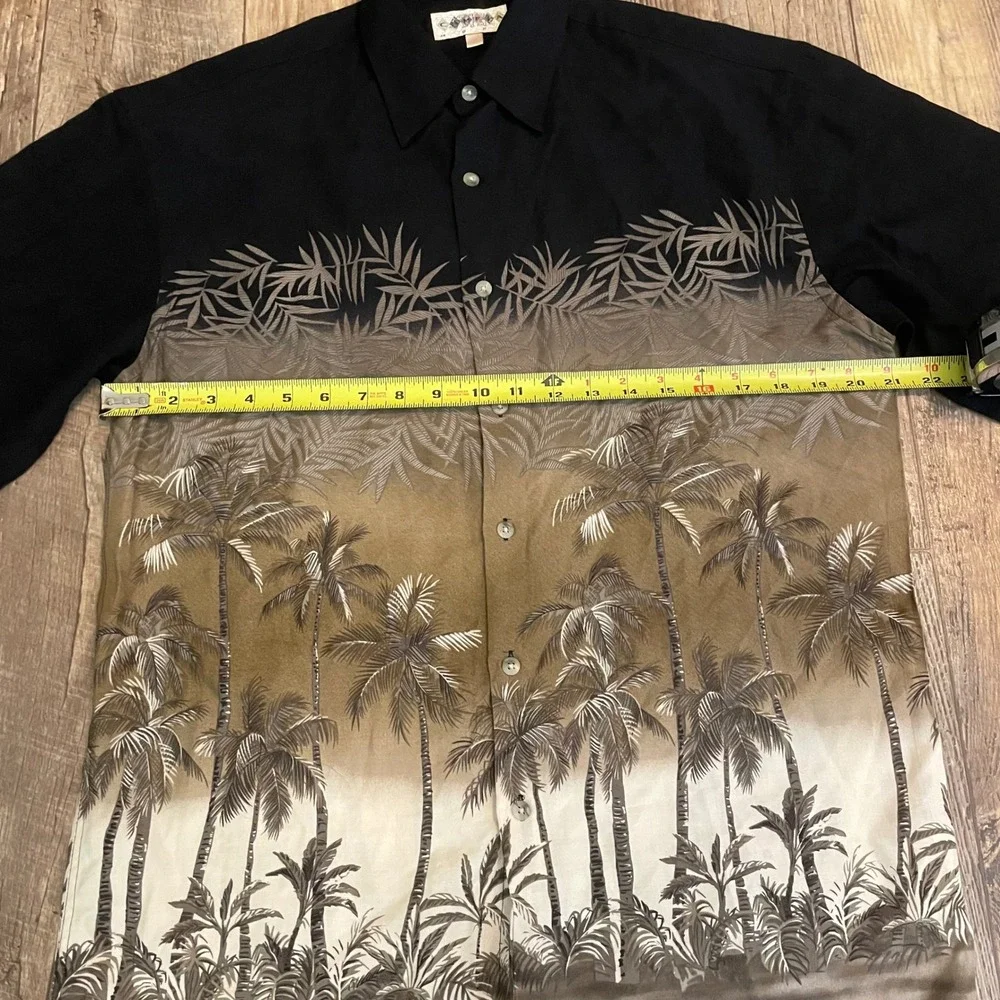 Campia Moda Mens Small Black Brown Tropical Palm‎ Tree Rayon Hawaiian Shirt S